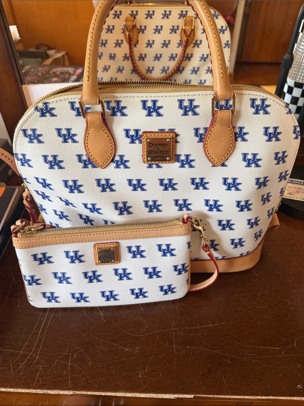 Dooney & Bourke White and Blue UK Logo Satchel with Tan Trim and Wristlet